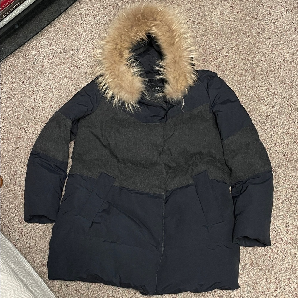 Izzat baba Women's Navy and Gray real Fur-Trimmed hooded puffer Jacket